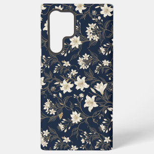 Elegante Navy Blauwe en Gouden Lelie Bloem Samsung Galaxy Hoesje