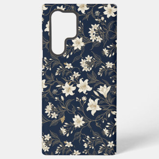 Elegante Navy Blauwe en Gouden Lelie Bloem Samsung Galaxy Hoesje
