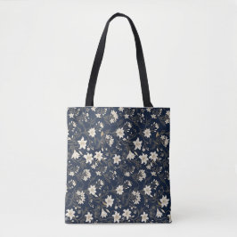 Elegante Navy Blauwe en Gouden Lelie Bloemstuk Tote Bag