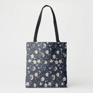 Elegante Navy Blauwe en Gouden Lelie Bloemstuk Tote Bag