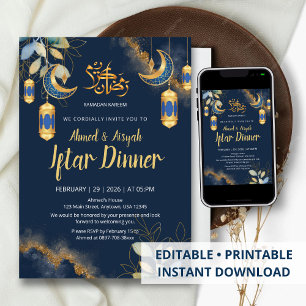 Elegante Navy Blauwe en Gouden Waterverf Iftar Kaart