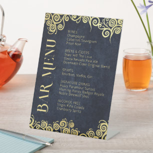 Elegante Navy Blauwe en Gouden Wervelingen Bruilof Reclamebord Met Voetstuk