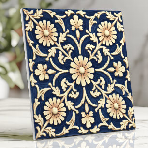 Elegante Navy Blauwe en Ivoren Madelief Tegeltje