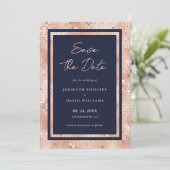 Elegante Navy-blauwe en roze gouden glinsterende t Save The Date (Staand voorkant)