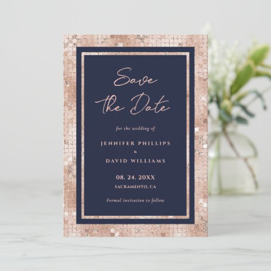 Elegante Navy-blauwe en roze gouden glinsterende t Save The Date (Staand voorkant)