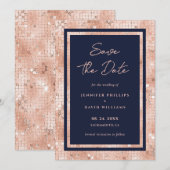 Elegante Navy-blauwe en roze gouden glinsterende t Save The Date (Voorkant / Achterkant)