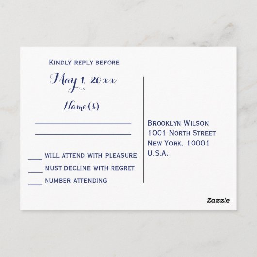 Elegante Navy-blauwe en witte trouw-RSVP Briefkaart (Achterkant)