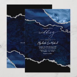 Elegante Navy Blauwe en Zilveren Agate Huwelijks Q Kaart