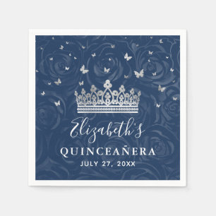 Elegante Navy Blauwe en Zilveren Kroon Quinceanera Servet
