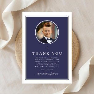 Elegante Navy Blauwe Foto Jongen Eerste Communie Bedankkaart