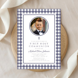 Elegante Navy Blauwe Foto Jongen Eerste Communie Kaart