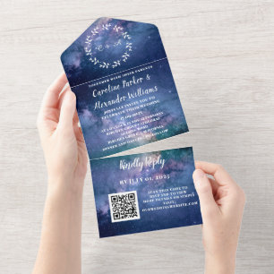 Elegante Navy Blauwe Galaxy Moderne RSVP QR Code All In One Uitnodiging