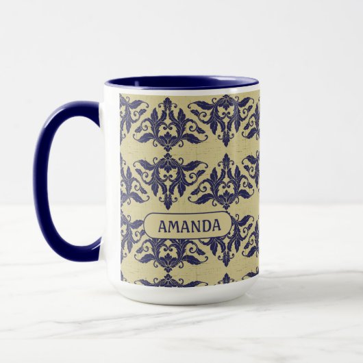 Elegante Navy Blauwe Gele Vintage Damask Monogram Mok (Links)