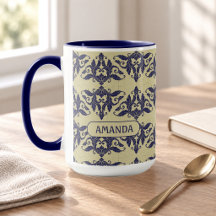 Elegante Navy Blauwe Gele Vintage Damask Monogram