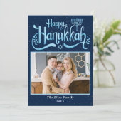 Elegante Navy Blauwe Gelukkig Hanukkah-foto Feestdagenkaart (Staand voorkant)