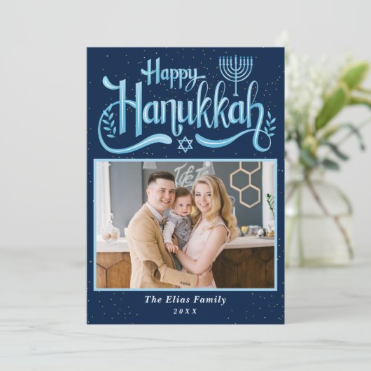 Elegante Navy Blauwe Gelukkig Hanukkah-foto Feestdagenkaart (Staand voorkant)