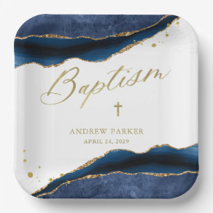 Elegante Navy Blauwe Geode met Gouden Kruis Doop Papieren Bordje