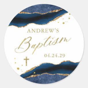 Elegante Navy Blauwe Geode met Gouden Kruis Doop Ronde Sticker
