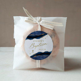 Elegante Navy Blauwe Geode met Gouden Kruis | Doop Ronde Sticker