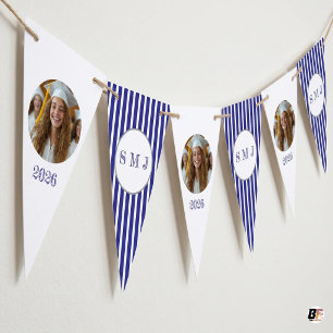 Elegante Navy Blauwe Gestreepte Monogram & Aangepa Vlaggetjes