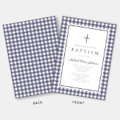 Elegante Navy Blauwe Gingham Jongensdoop Kaart