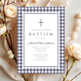 Elegante Navy Blauwe Gingham Jongensdoop Kaart