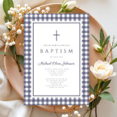 Elegante Navy Blauwe Gingham Jongensdoop Kaart