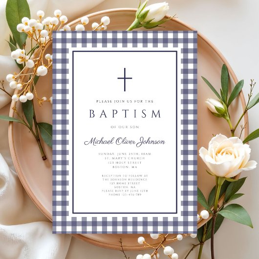 Elegante Navy Blauwe Gingham Jongensdoop Kaart