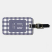 Elegante Navy Blauwe Gingham Monogram Bagagelabel (Voorkant horizontaal)