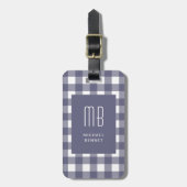 Elegante Navy Blauwe Gingham Monogram Bagagelabel (Voorkant verticaal)