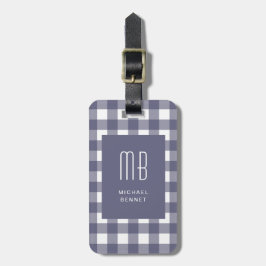 Elegante Navy Blauwe Gingham Monogram Bagagelabel