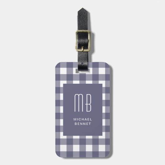 Elegante Navy Blauwe Gingham Monogram Bagagelabel (Voorkant verticaal)