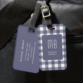 Elegante Navy Blauwe Gingham Monogram Bagagelabel
