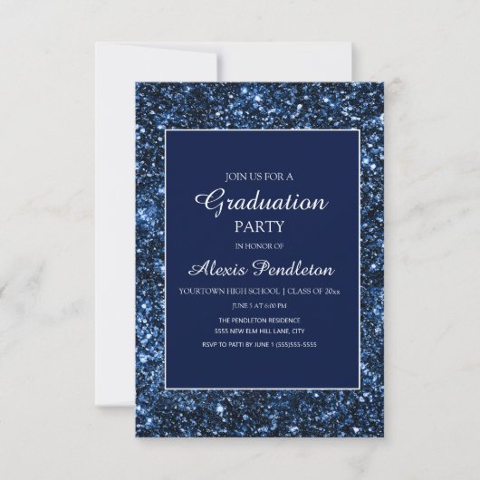 Elegante Navy Blauwe Glitter Afstuderen Kaart (Voorkant)