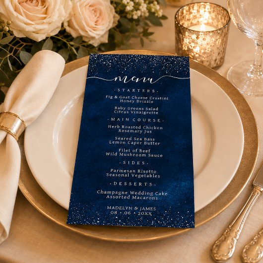 Elegante Navy Blauwe Glitter Bruiloft Menu