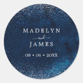 Elegante Navy Blauwe Glitter Bruiloft Ronde Sticker (Voorkant)