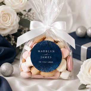 Elegante Navy Blauwe Glitter Bruiloft Ronde Sticker