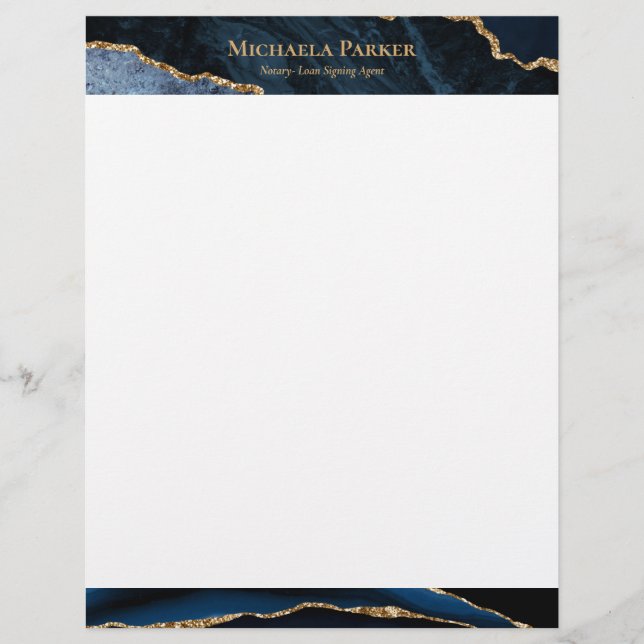 Elegante Navy Blauwe Goud Agate Zakelijk  Briefhoofd (Voorkant)
