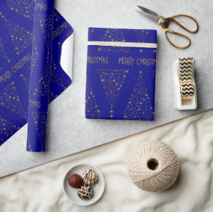 Elegante Navy Blauwe Goud Folie Kerst Pijnboom Cadeaupapier