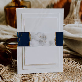 Elegante Navy Blauwe Gouden Agaat Marmeren Bruilof Uitnodigingen Wikkel