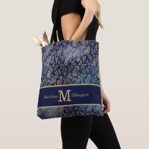 Elegante Navy Blauwe Gouden Bladeren Monogram Naam Tote Bag