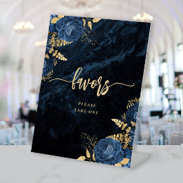Elegante Navy Blauwe Gouden Bloem Bruiloft Favoren Reclamebord Met Voetstuk