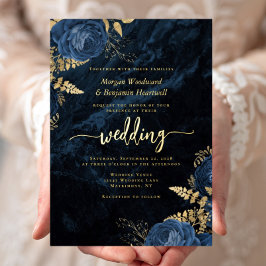 Elegante Navy Blauwe Gouden Bloem Bruiloft Folie Uitnodiging