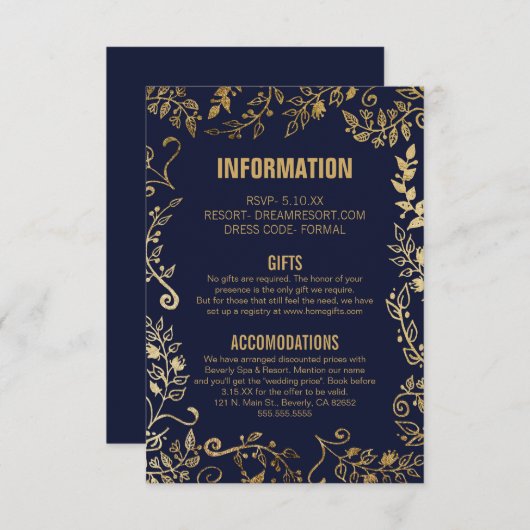 Elegante Navy Blauwe Gouden Bloem Bruiloft Info Informatiekaartje (Voorkant / Achterkant)