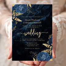 Elegante Navy Blauwe Gouden Bloem Bruiloft