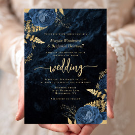 Elegante Navy Blauwe Gouden Bloem Bruiloft Kaart