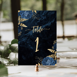 Elegante Navy Blauwe Gouden Bloem Bruiloft Kaart