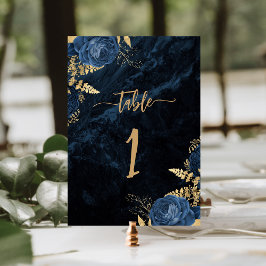 Elegante Navy Blauwe Gouden Bloem Bruiloft Kaart