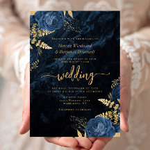 Elegante Navy Blauwe Gouden Bloem Bruiloft