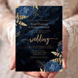 Elegante Navy Blauwe Gouden Bloem Bruiloft Kaart